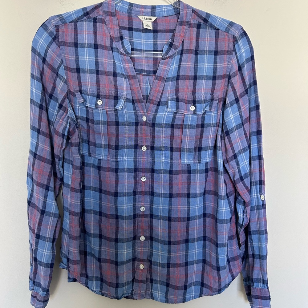 L.L. Bean Linen Button Shirt‎ Blue Purple S Plaid Tab Sleeve 502640